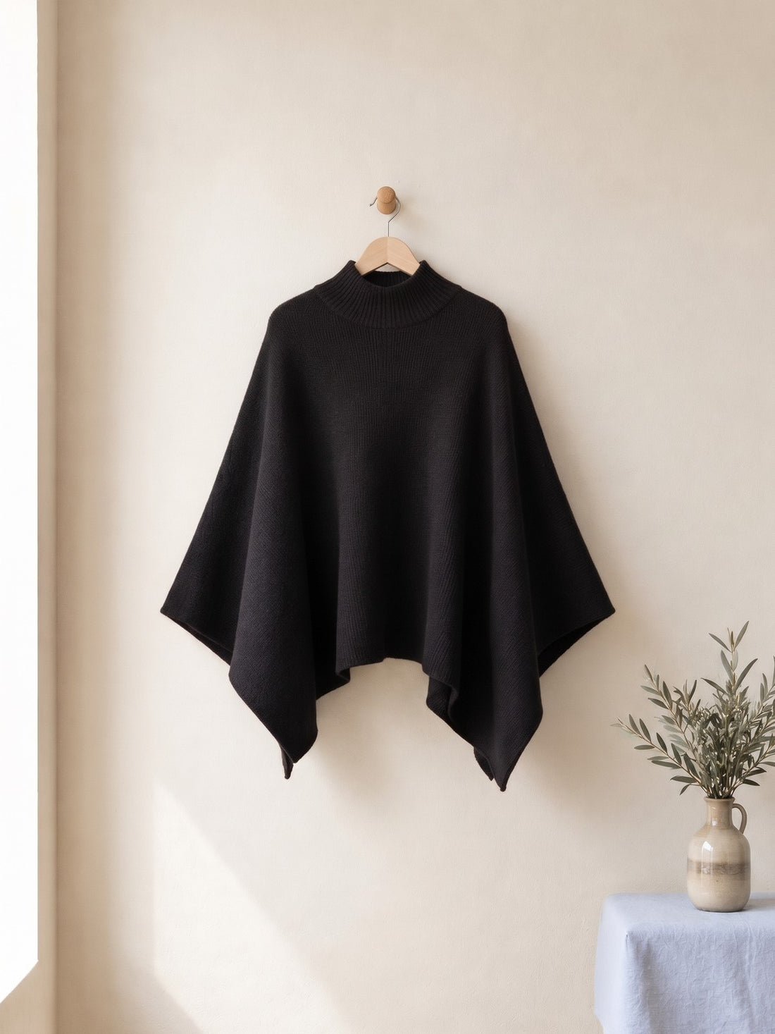 Knitted Wrap Poncho in Black