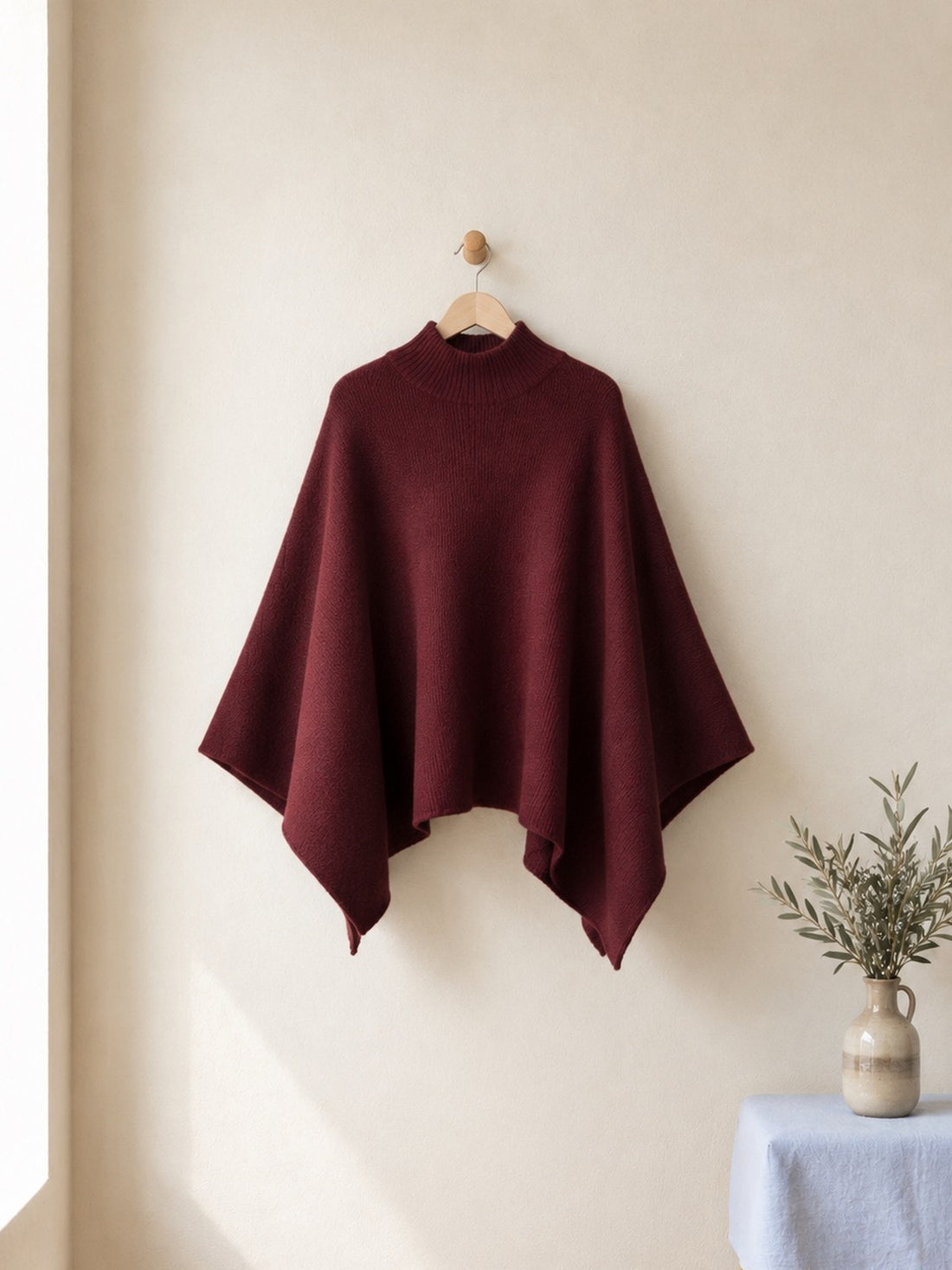 Burgundy Knitted Wrap Poncho on a wooden hanger