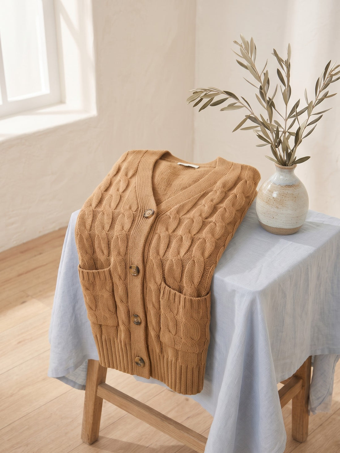 Long Cable-Knit Cardigan in Camel