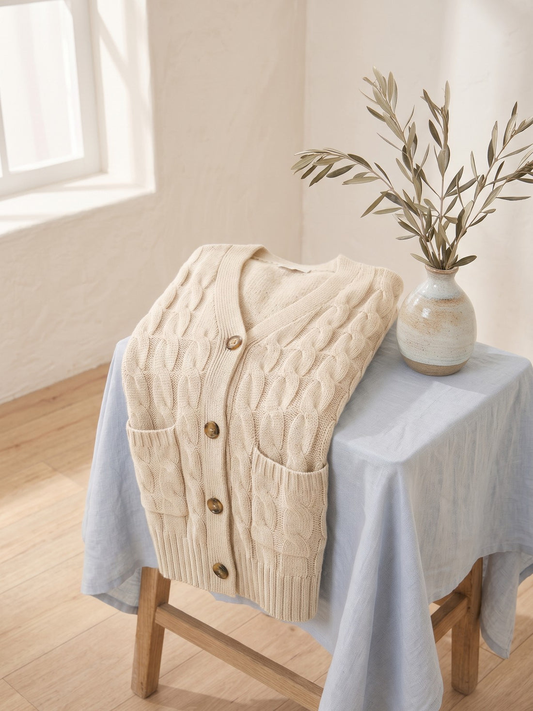 Long Cable-Knit Cardigan in Cream