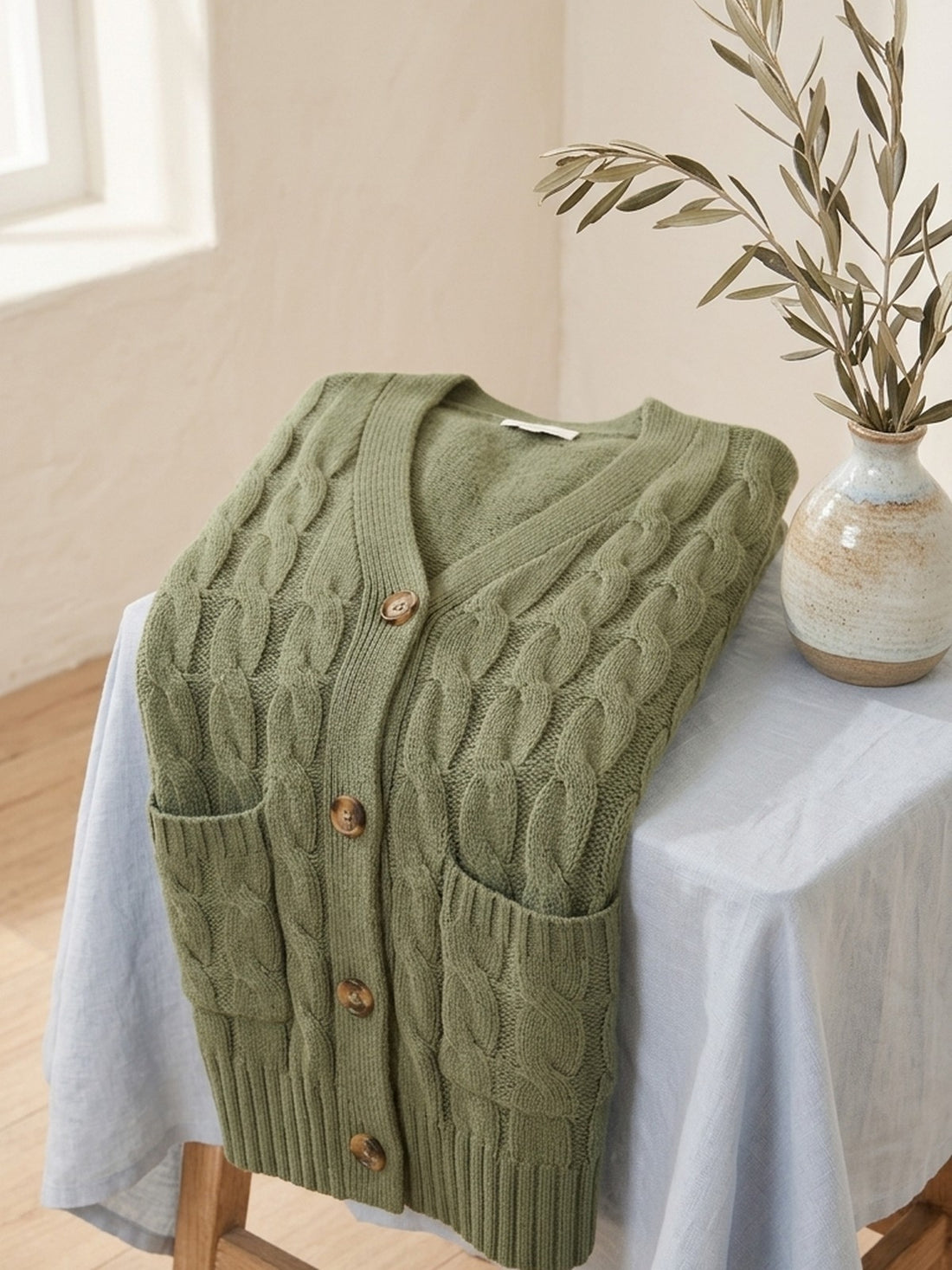 Long Cable-Knit Cardigan folded on a stool, showing cables, buttons and pocket