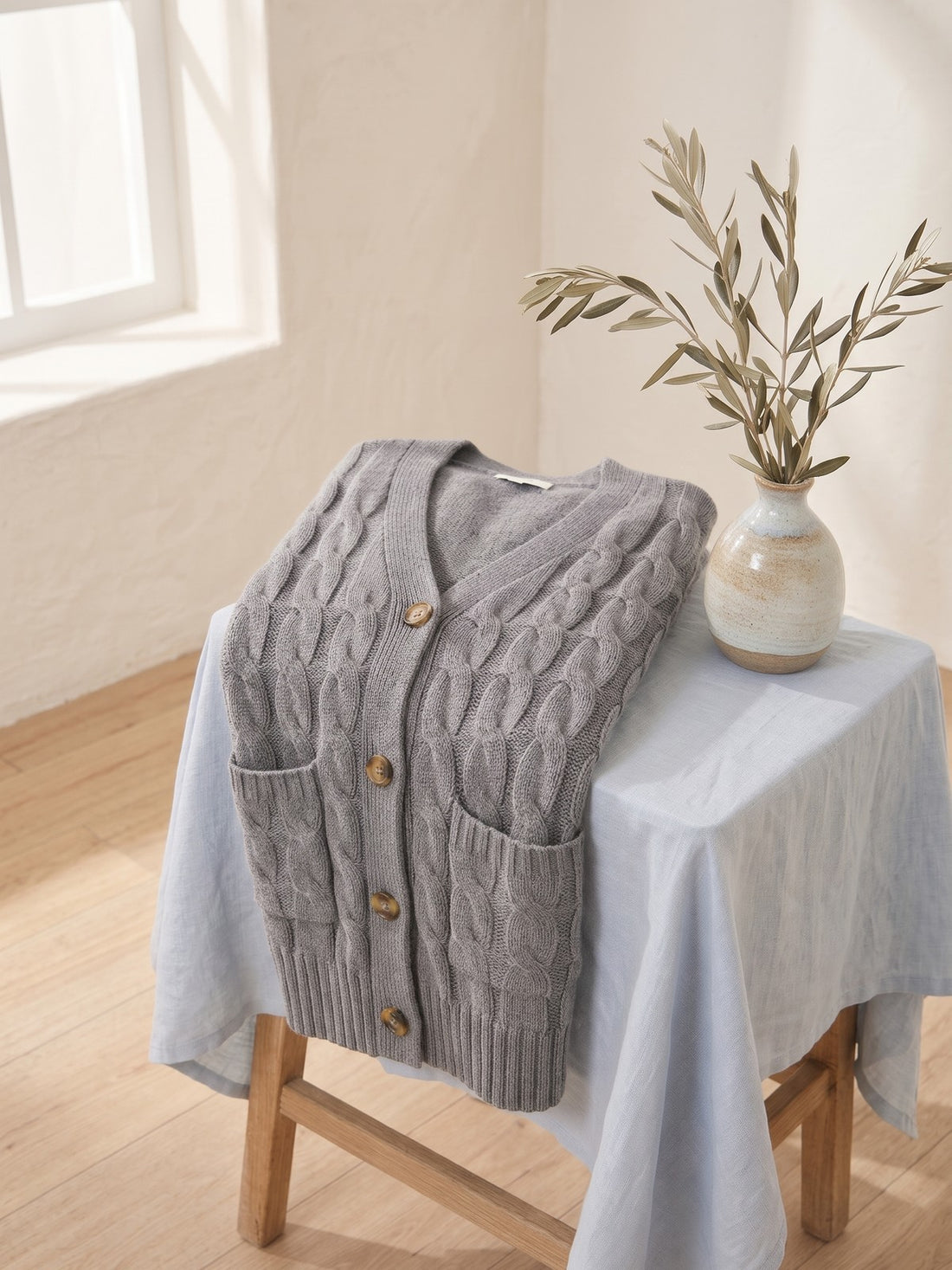 Long Cable-Knit Cardigan in Grey