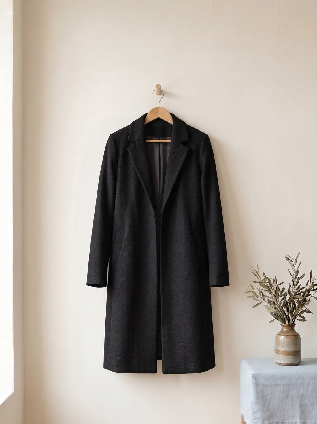 Long Open Wool-Blend Coat in Black