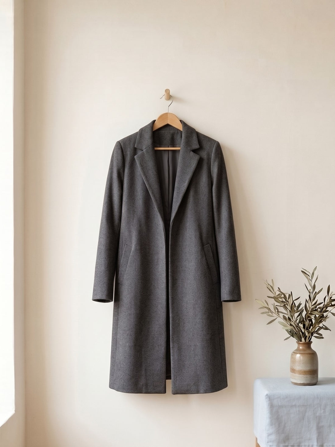 Long Open Wool-Blend Coat in Charcoal