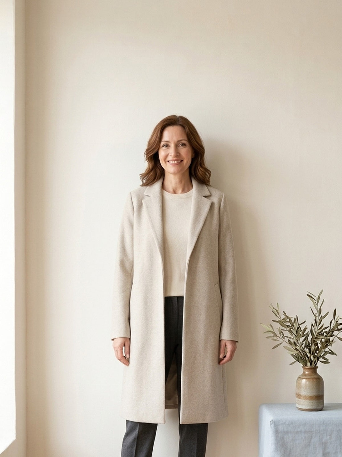 Woman wearing the Long Open Wool-Blend Coat