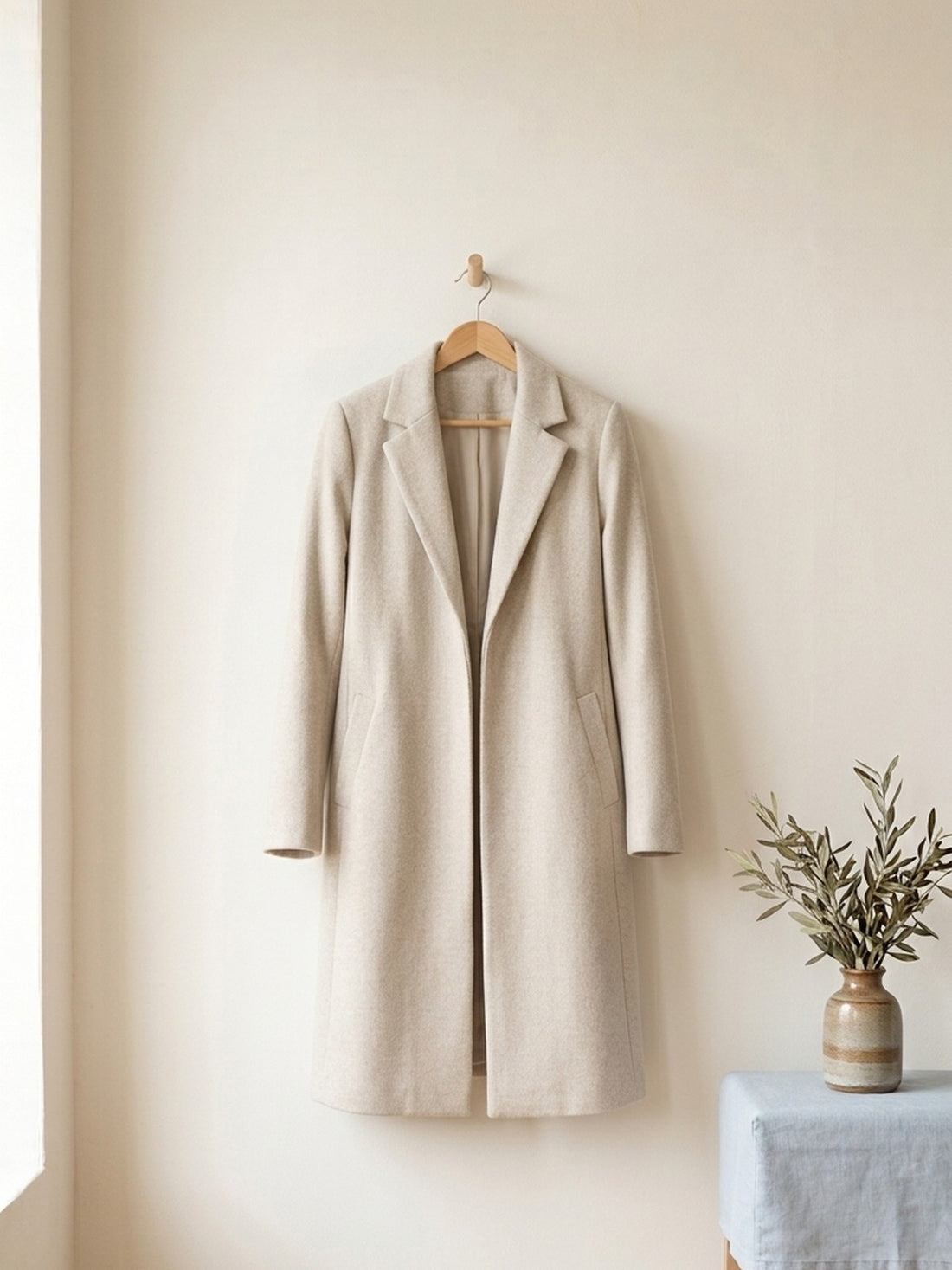 Long Open Wool-Blend Coat on a wooden hanger