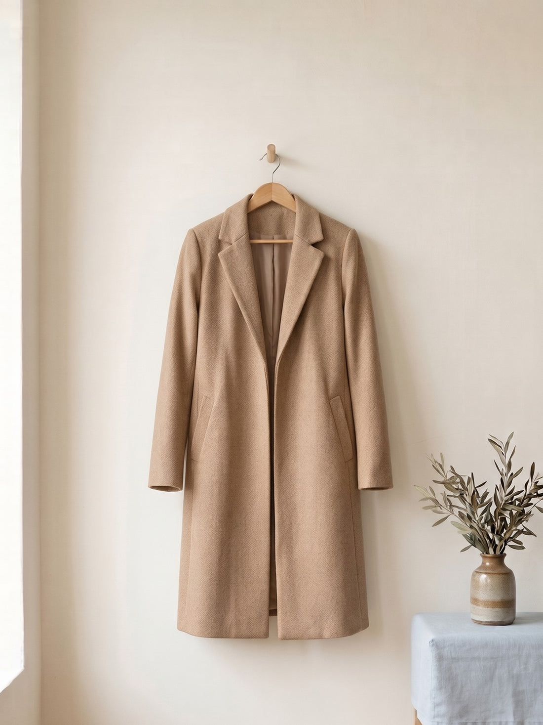 Long Open Wool-Blend Coat in Sand