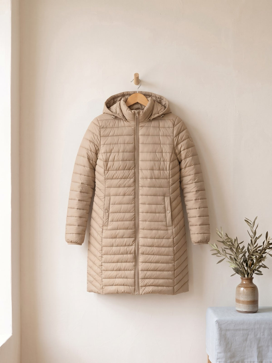 Long Padded Hooded Parka in Beige