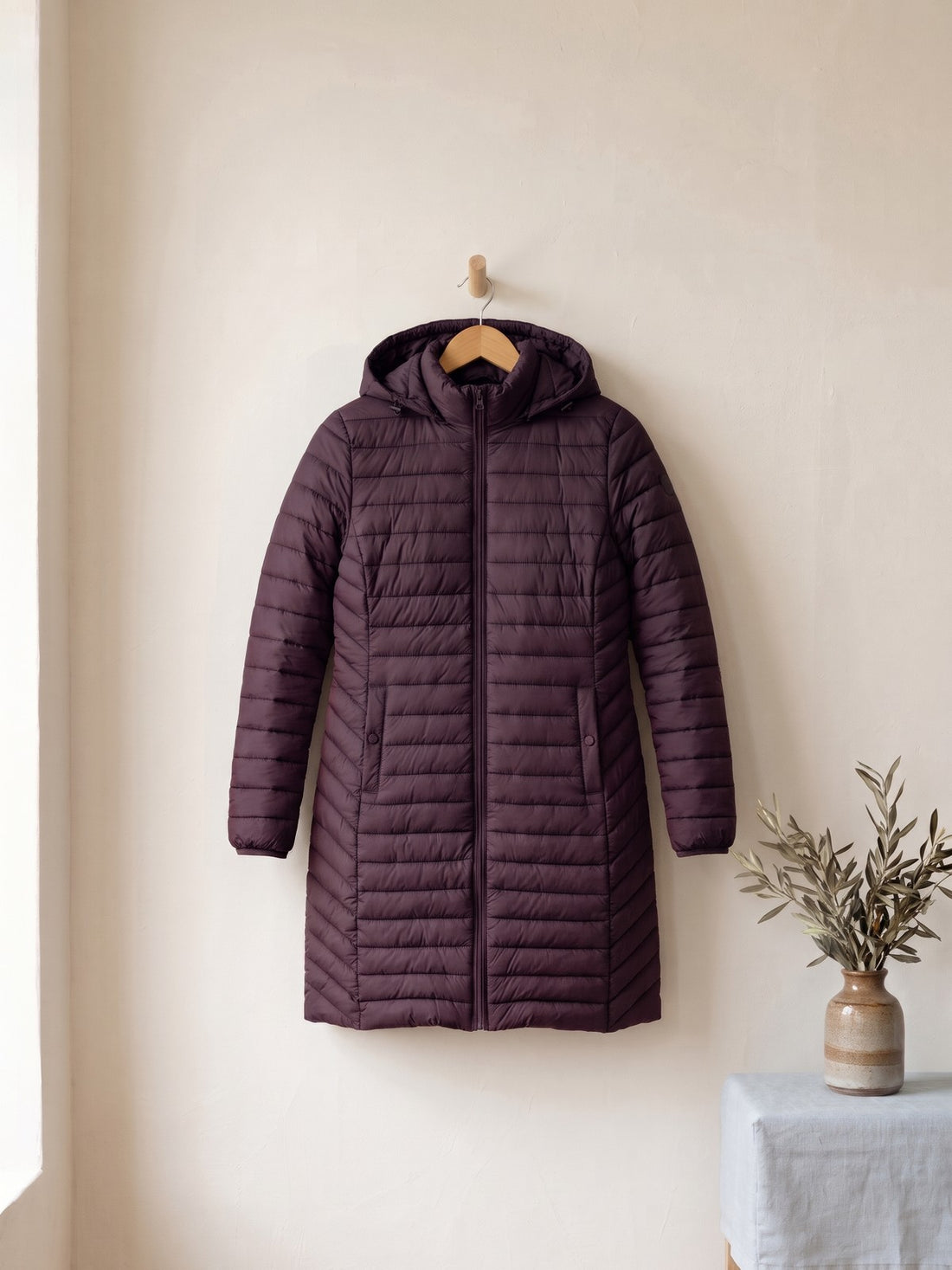 Long Padded Hooded Parka in Burgundy