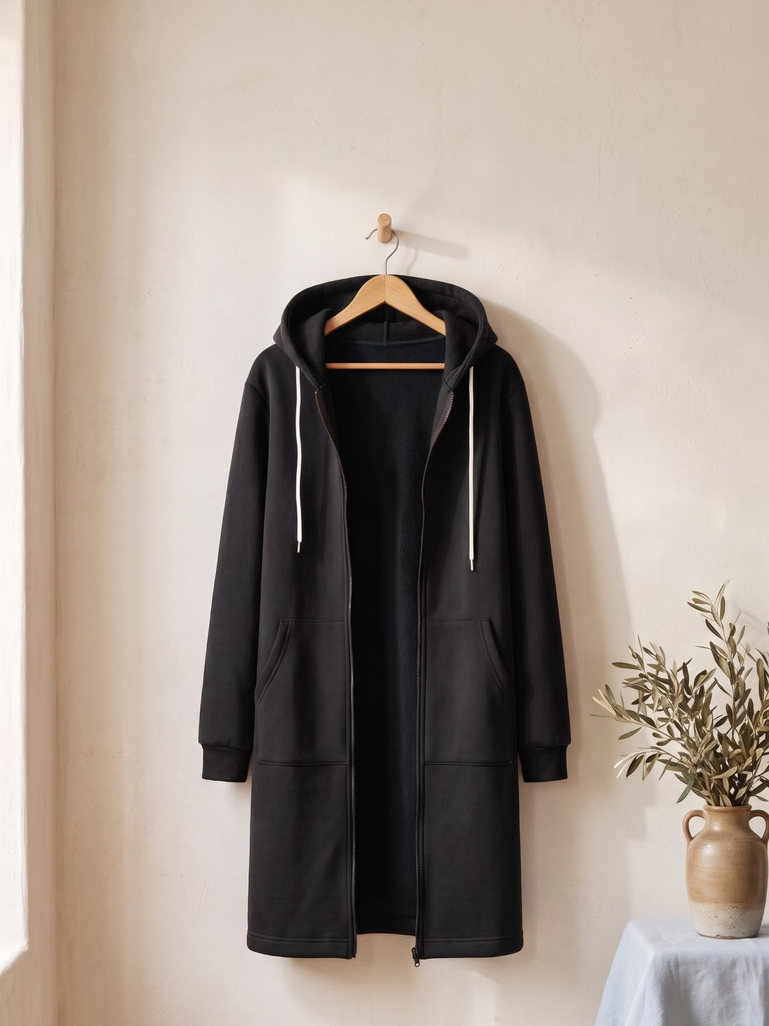 Longline Zip-Up Hoodie Coat in Black