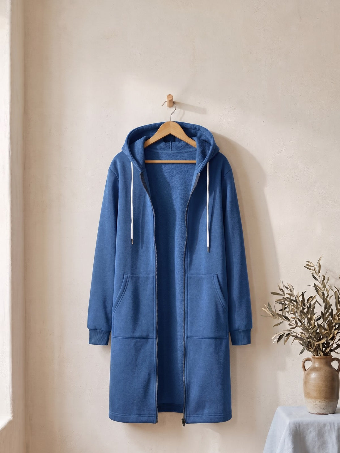 Longline Zip-Up Hoodie Coat in Blue