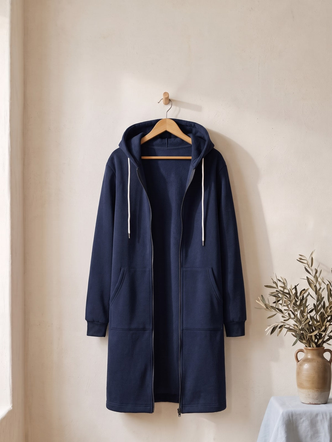 Longline Zip-Up Hoodie Coat in Navy
