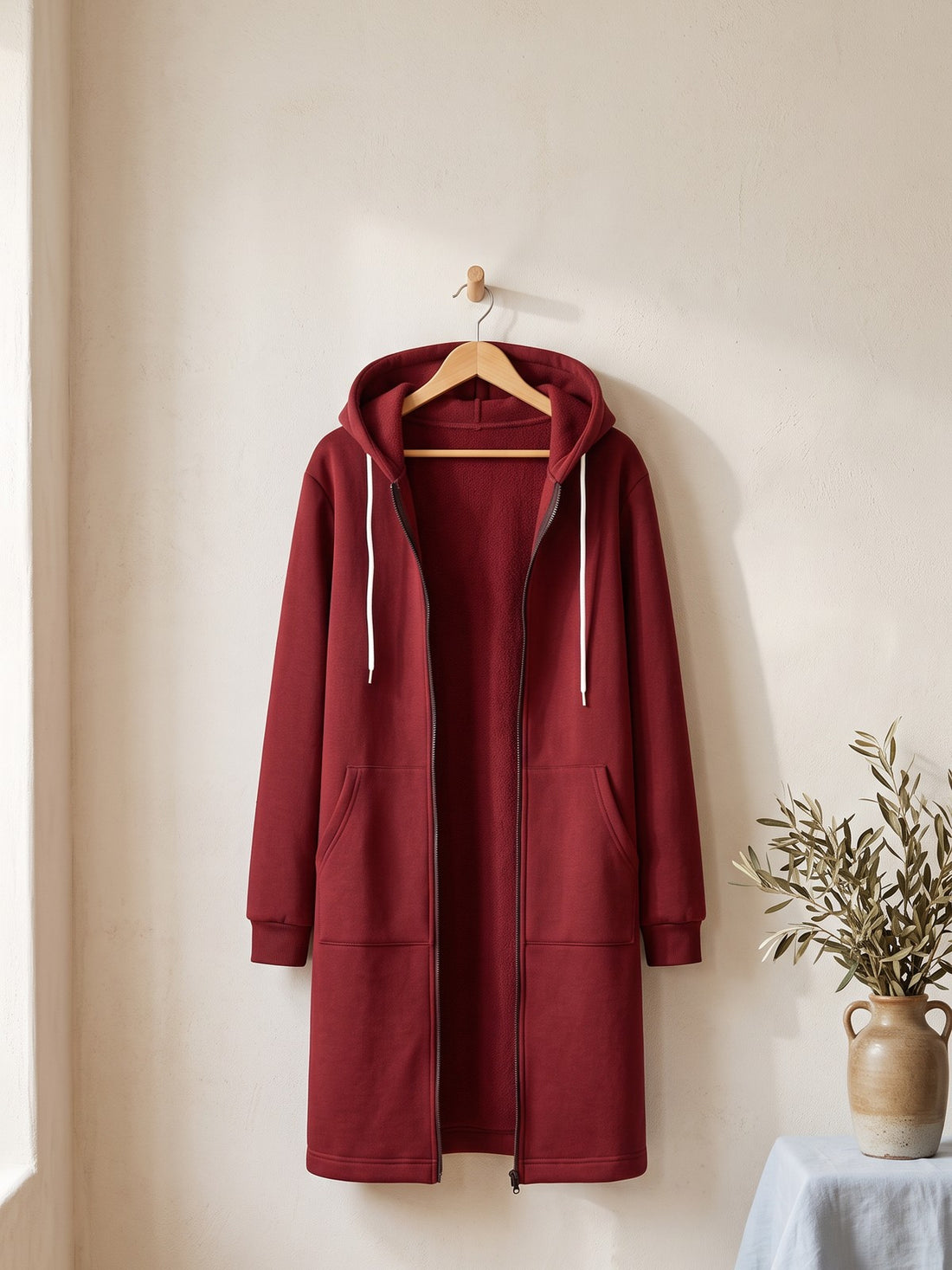 Zip-Up Hoodie Coat on a wooden hanger