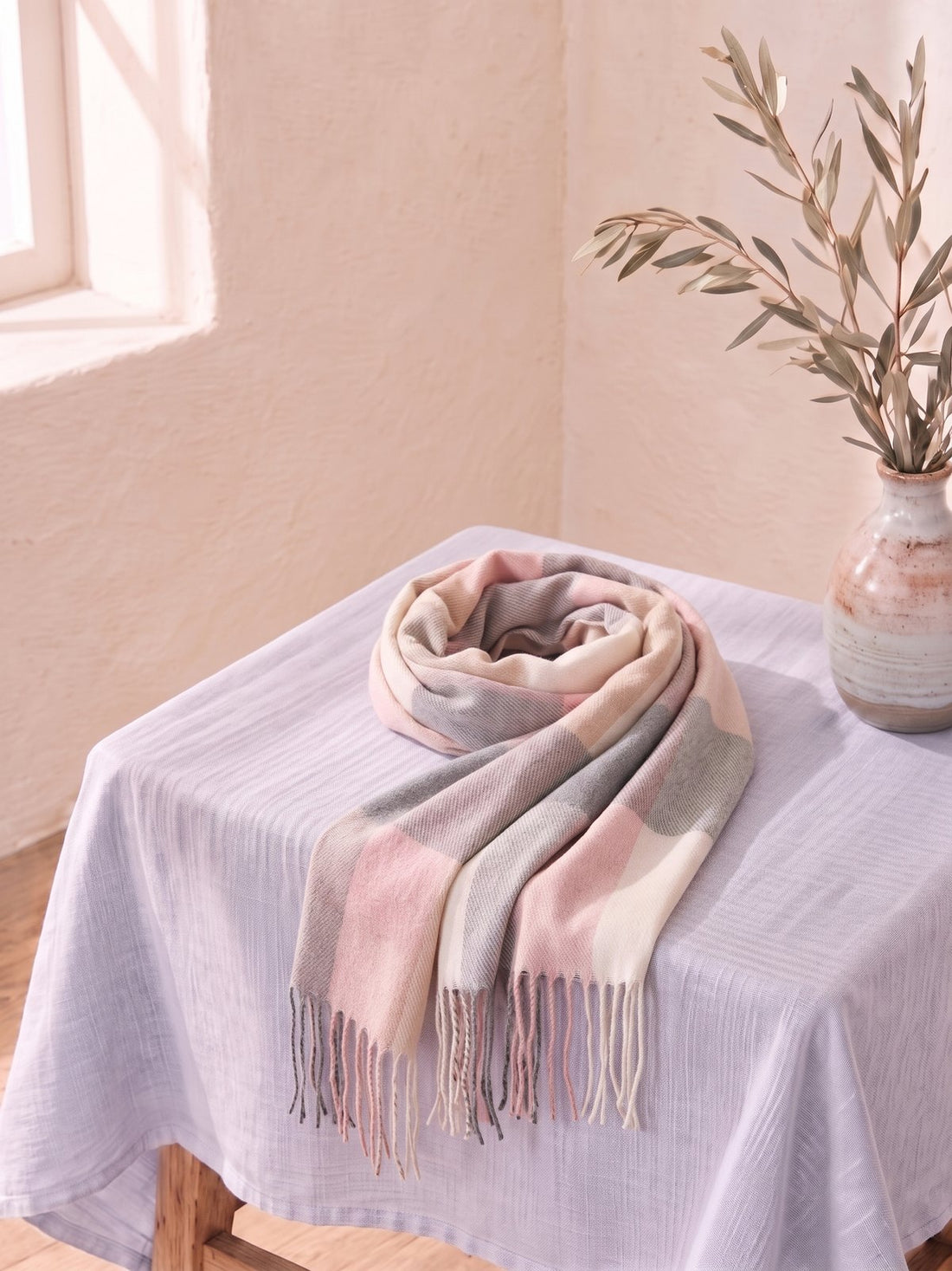 Pastel Plaid Scarf draped on a linen-covered table