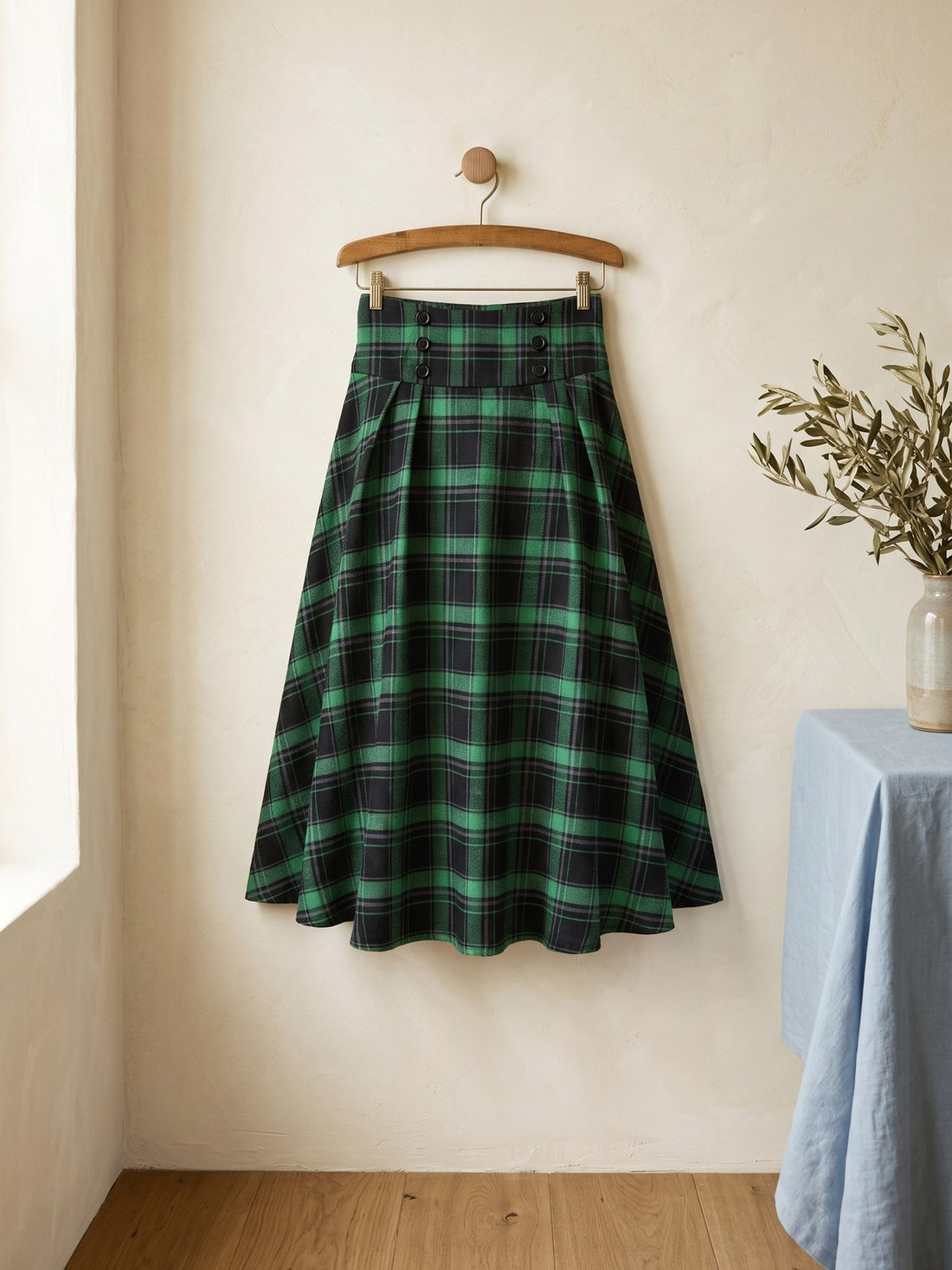 Plaid A-Line Midi Skirt in Green Check