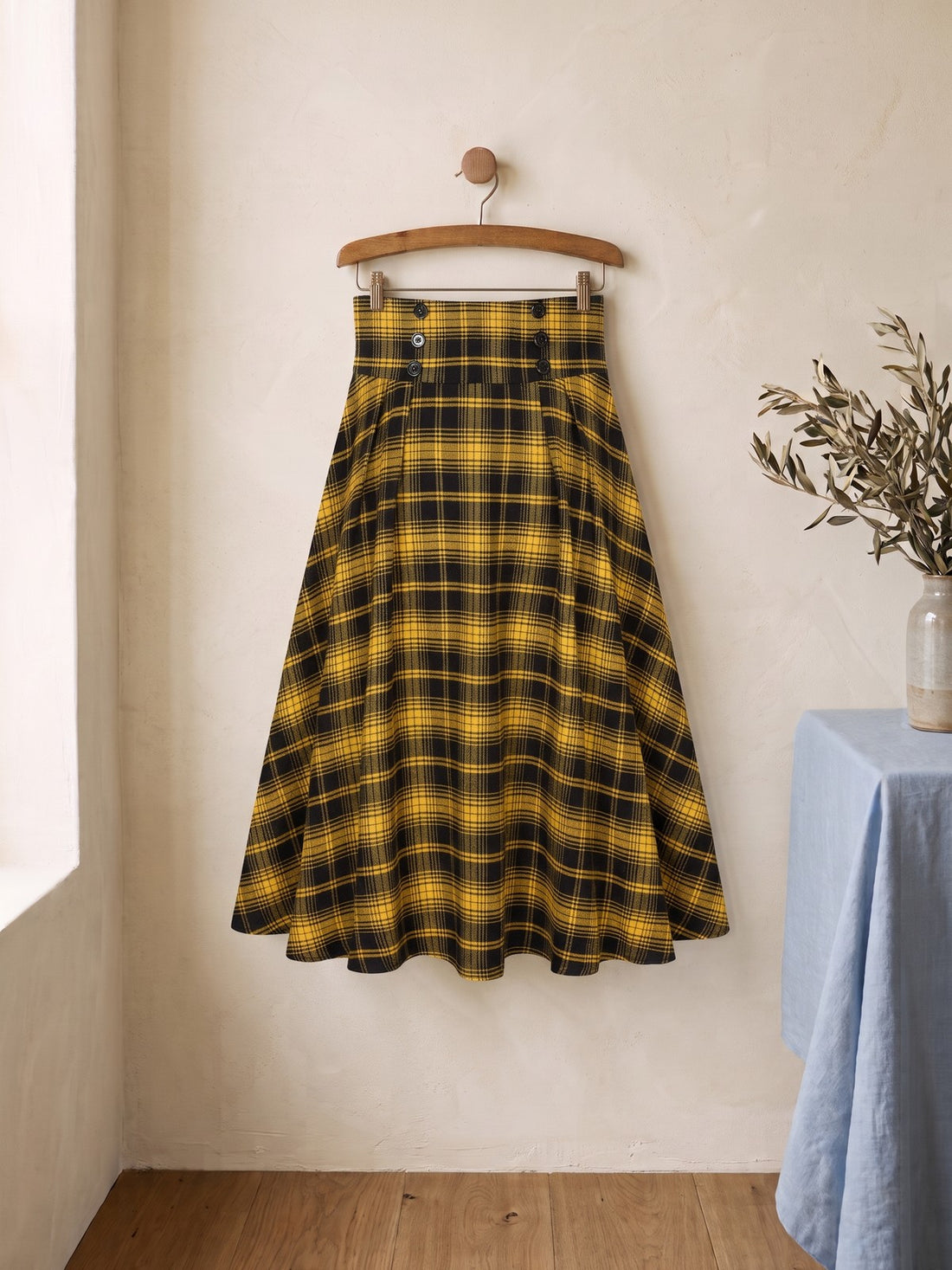 Plaid A-Line Midi Skirt in Mustard Check