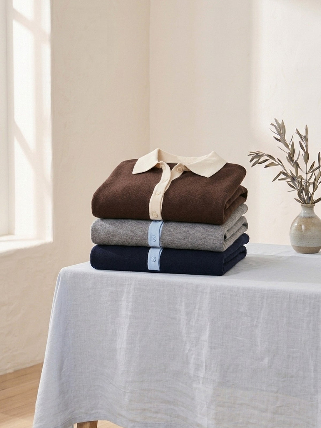 Polo-Collar Layered Jumper in chocolate, grey and navy