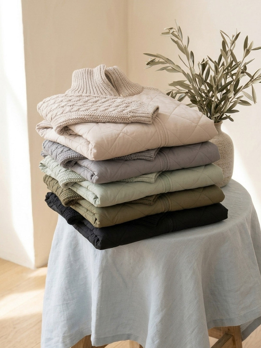 Quilted Jacket in all five colours: beige, grey, sage, olive and black