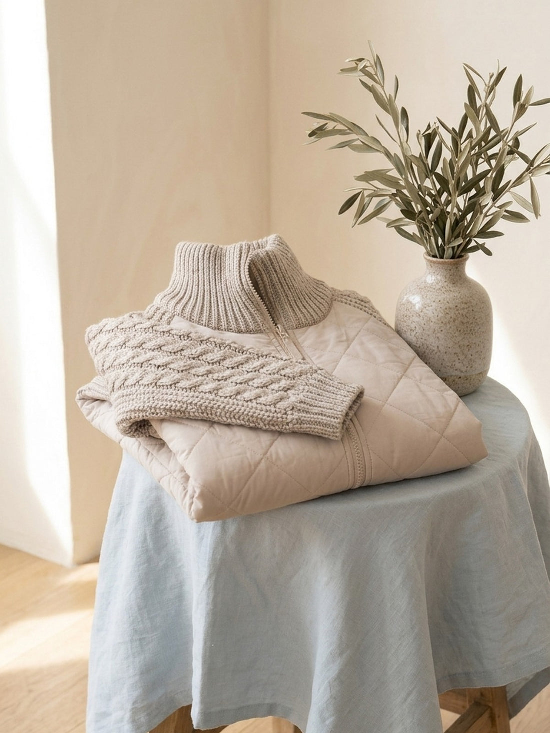 Quilted Jacket folded on a stool, showing the quilting and cable-knit sleeve