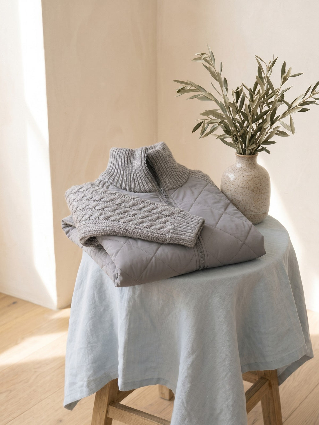 Quilted Jacket with Cable-Knit Sleeves in Grey