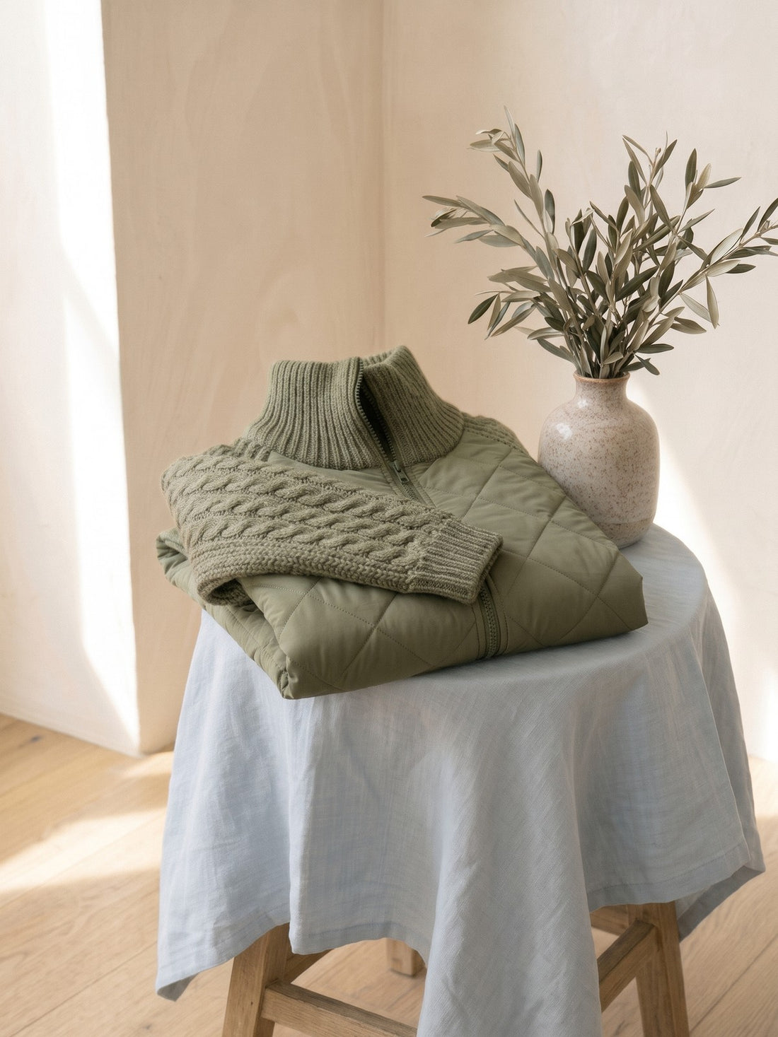 Quilted Jacket with Cable-Knit Sleeves in Olive
