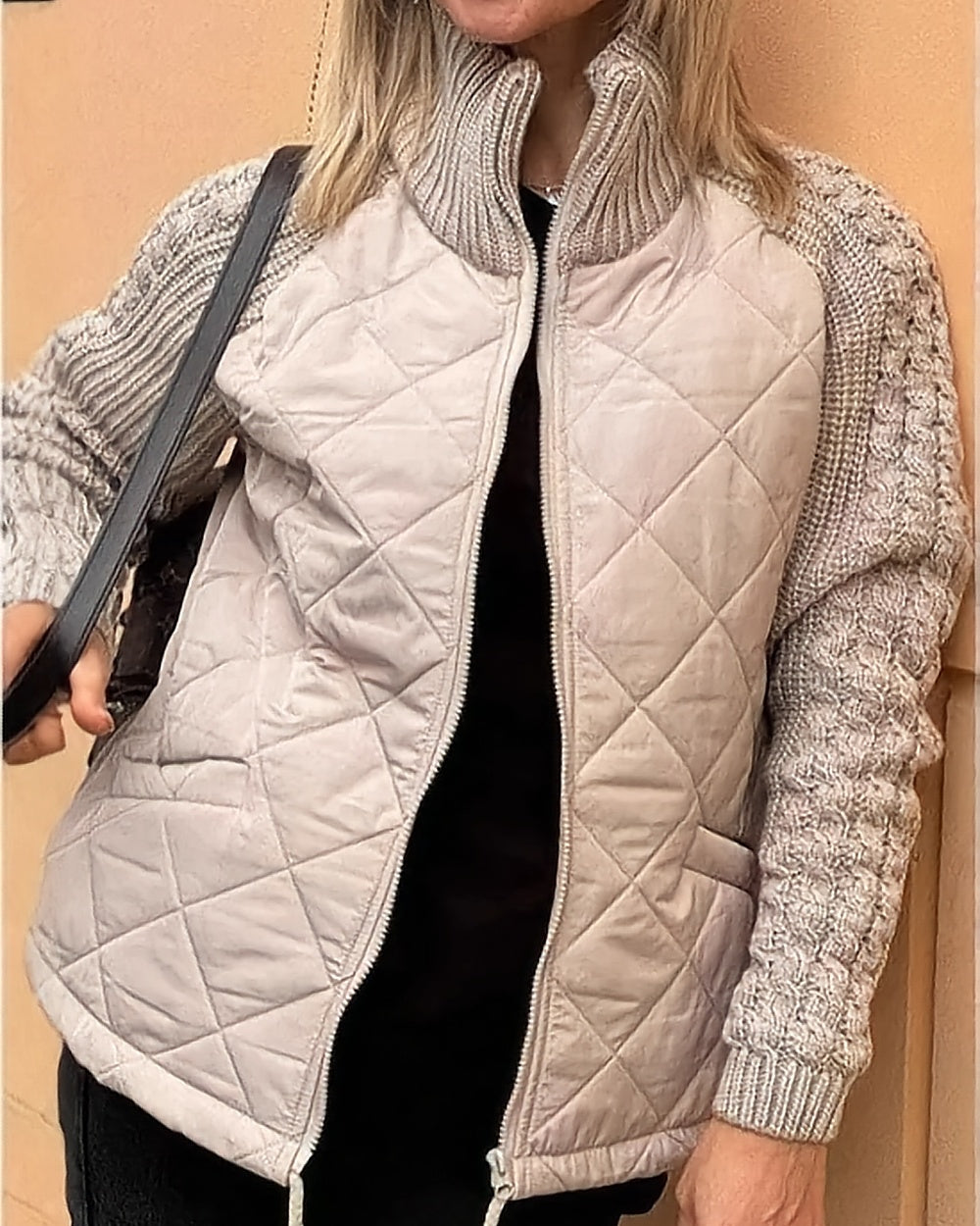 Quilted Jacket with Cable-Knit Sleeves – Beige