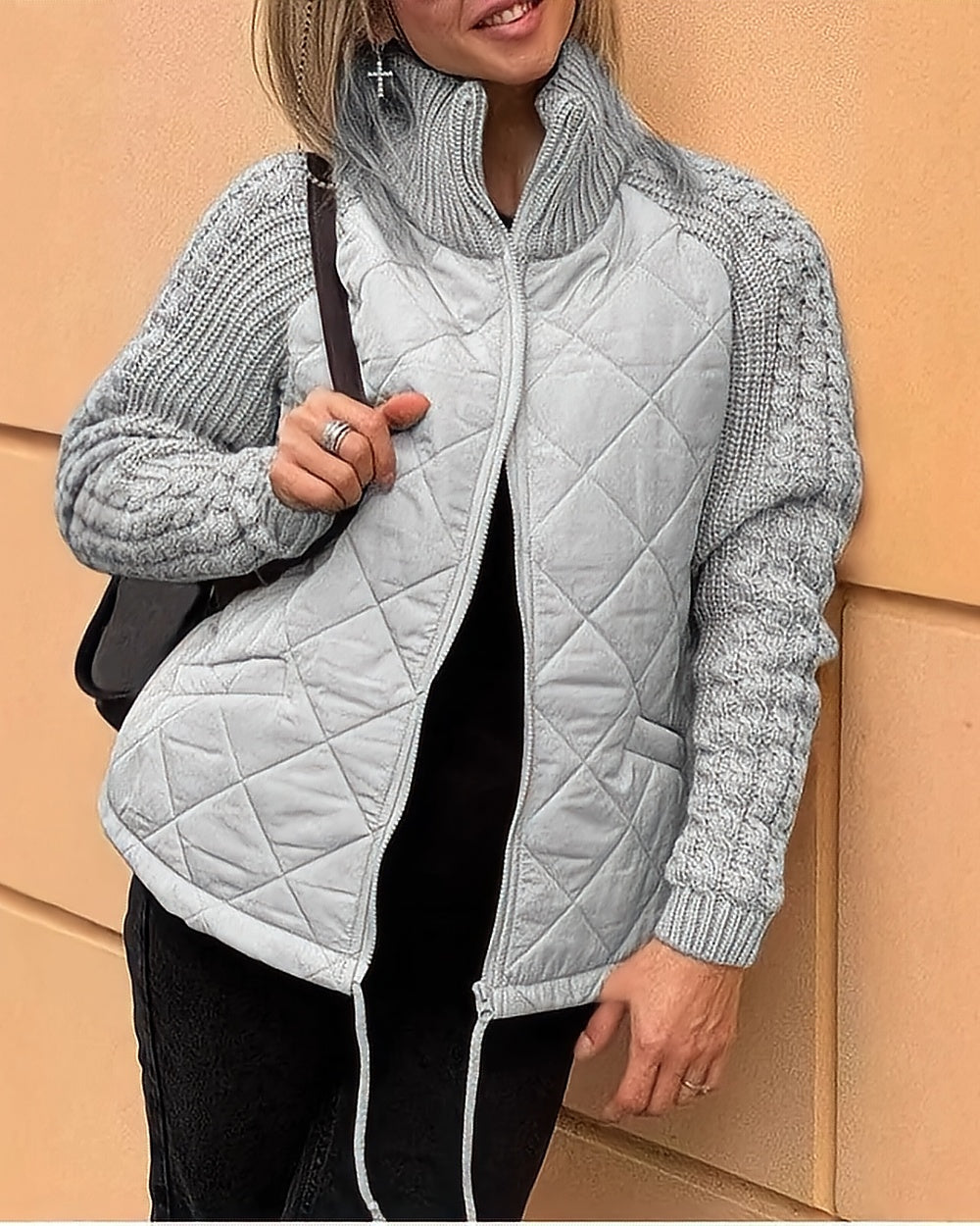Quilted Jacket with Cable-Knit Sleeves – Grey
