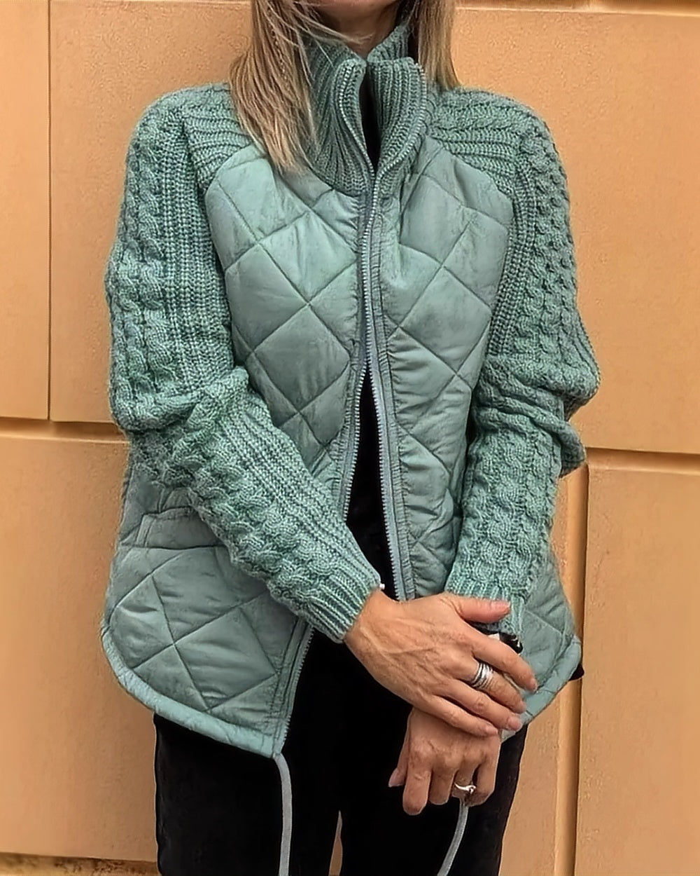 Quilted Jacket with Cable-Knit Sleeves – Sage