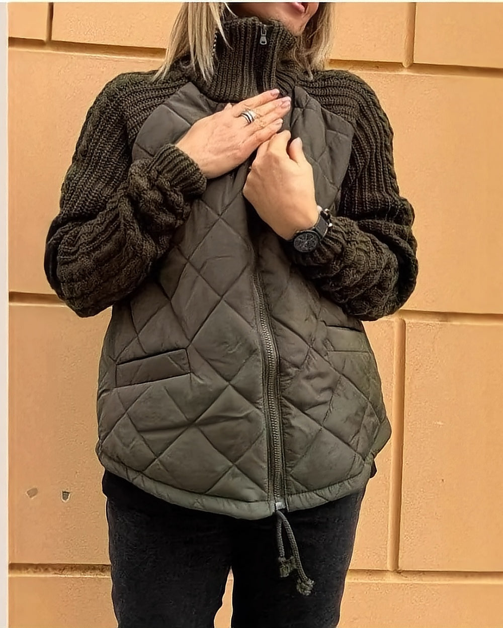 Quilted Jacket with Cable-Knit Sleeves – Olive