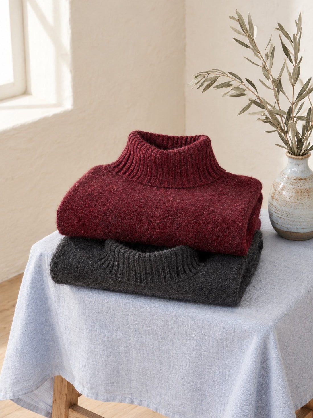 Relaxed Turtleneck Jumper in burgundy and charcoal, folded on a stool