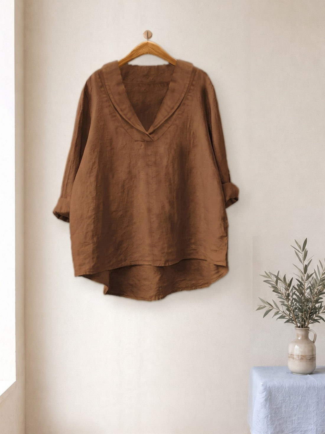 Relaxed V-Neck Linen-Look Top in Brown