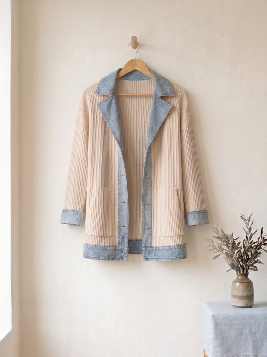 Rib-Knit Denim-Trim Jacket in Beige
