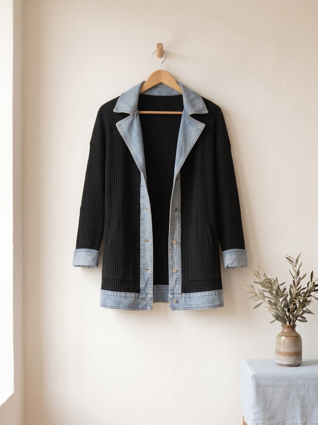 Rib-Knit Denim-Trim Jacket in Black