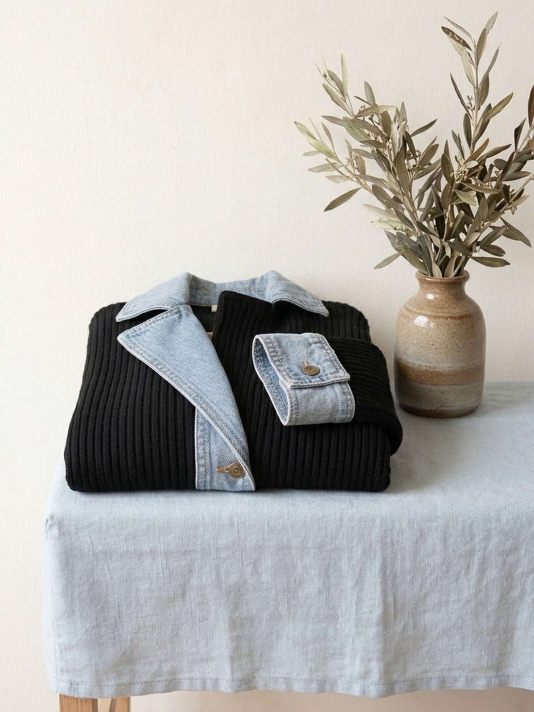 Rib-knit texture and denim cuff of the Rib-Knit Denim-Trim Jacket