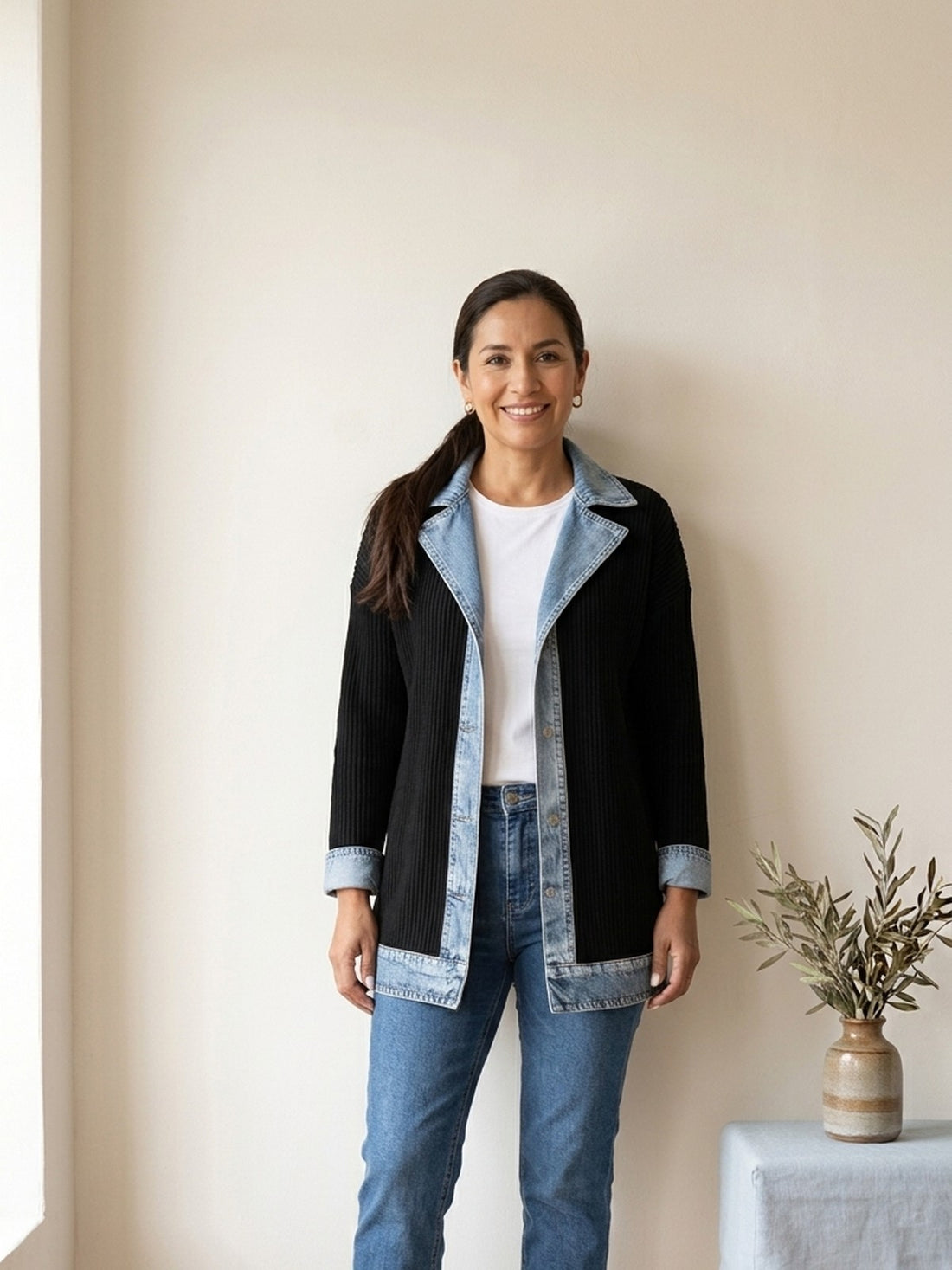 Woman wearing the black Rib-Knit Denim-Trim Jacket