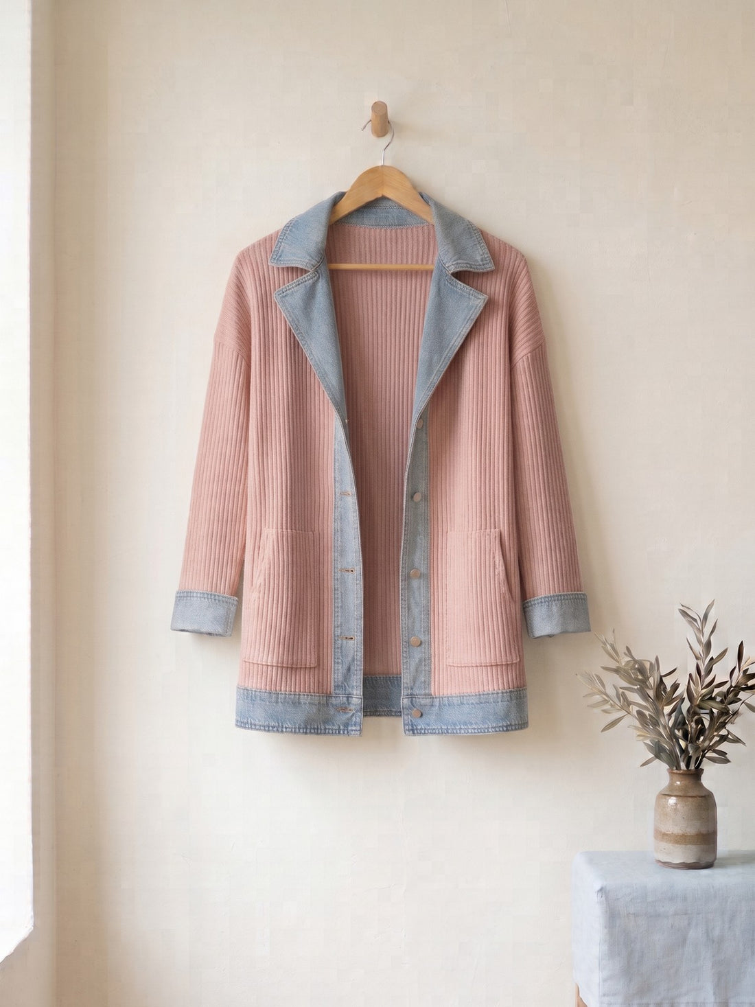Rib-Knit Denim-Trim Jacket in Pink