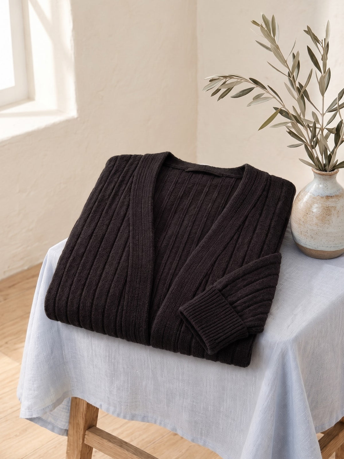 Ribbed Open Cardigan in Black