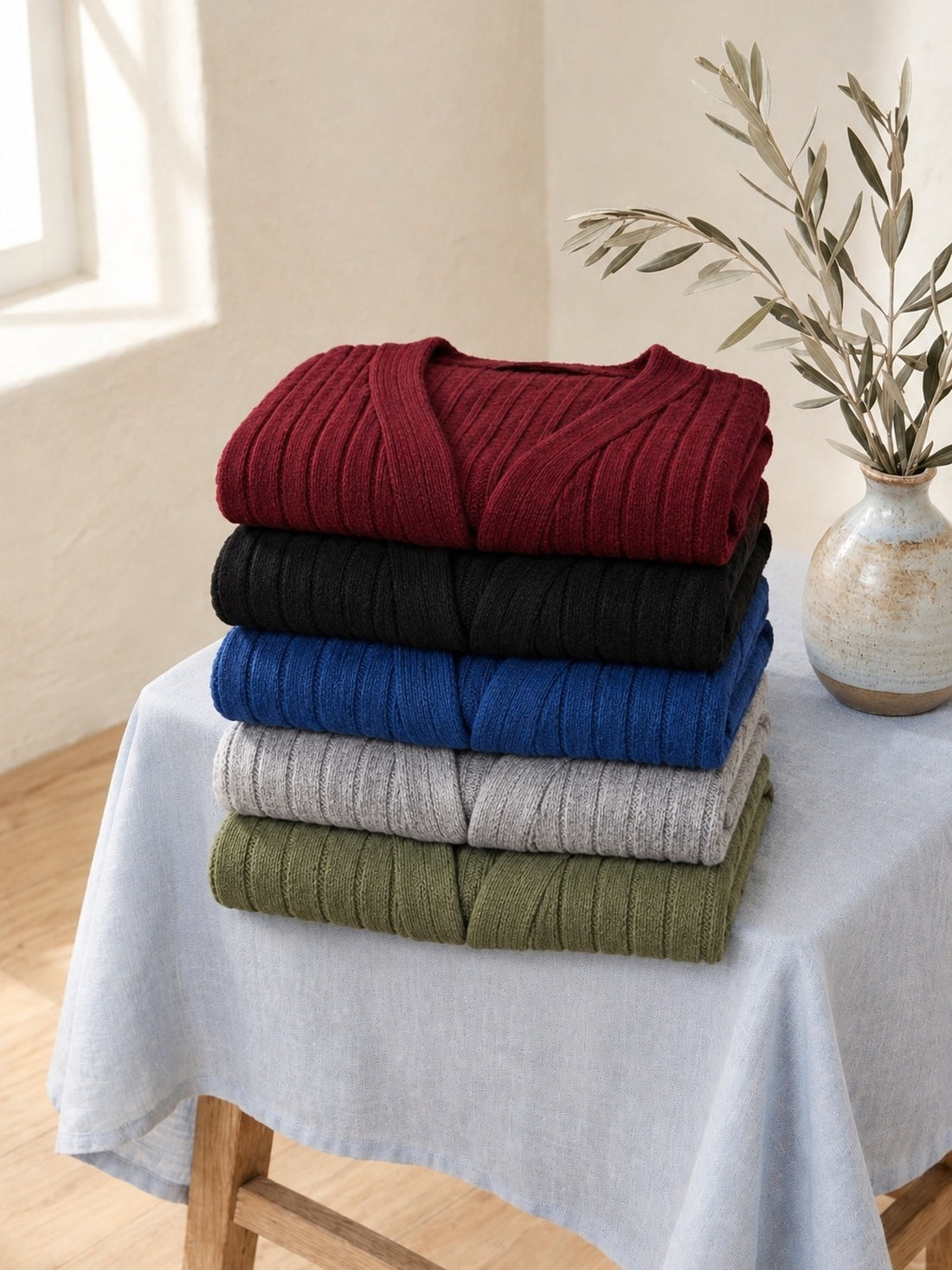 Ribbed Open Cardigan in all five colours: burgundy, black, blue, grey and olive