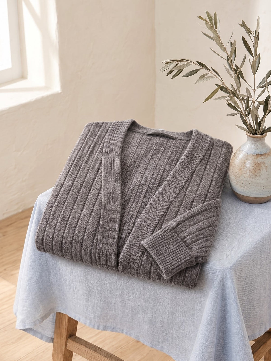 Ribbed Open Cardigan in Grey