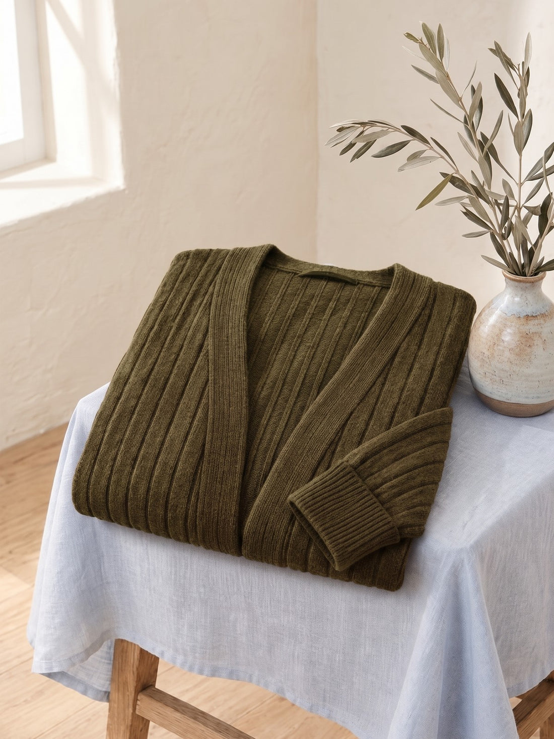 Ribbed Open Cardigan in Olive