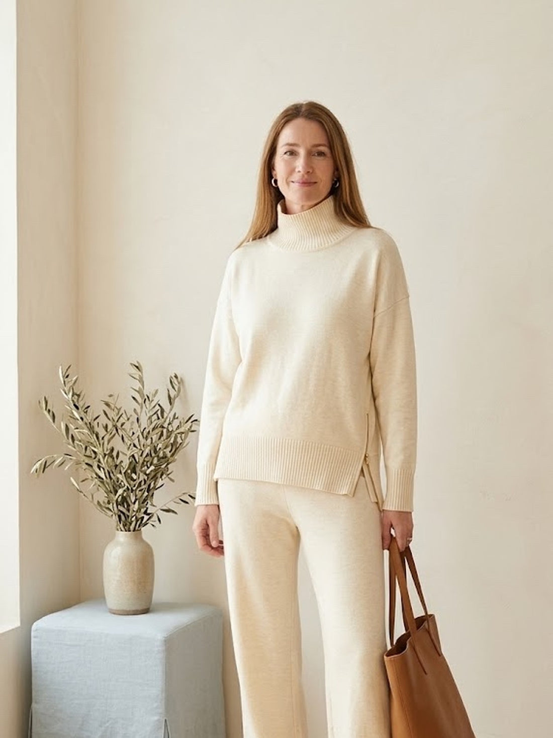 Woman in her forties wearing the cream Roll-Neck Knit Co-ord Set