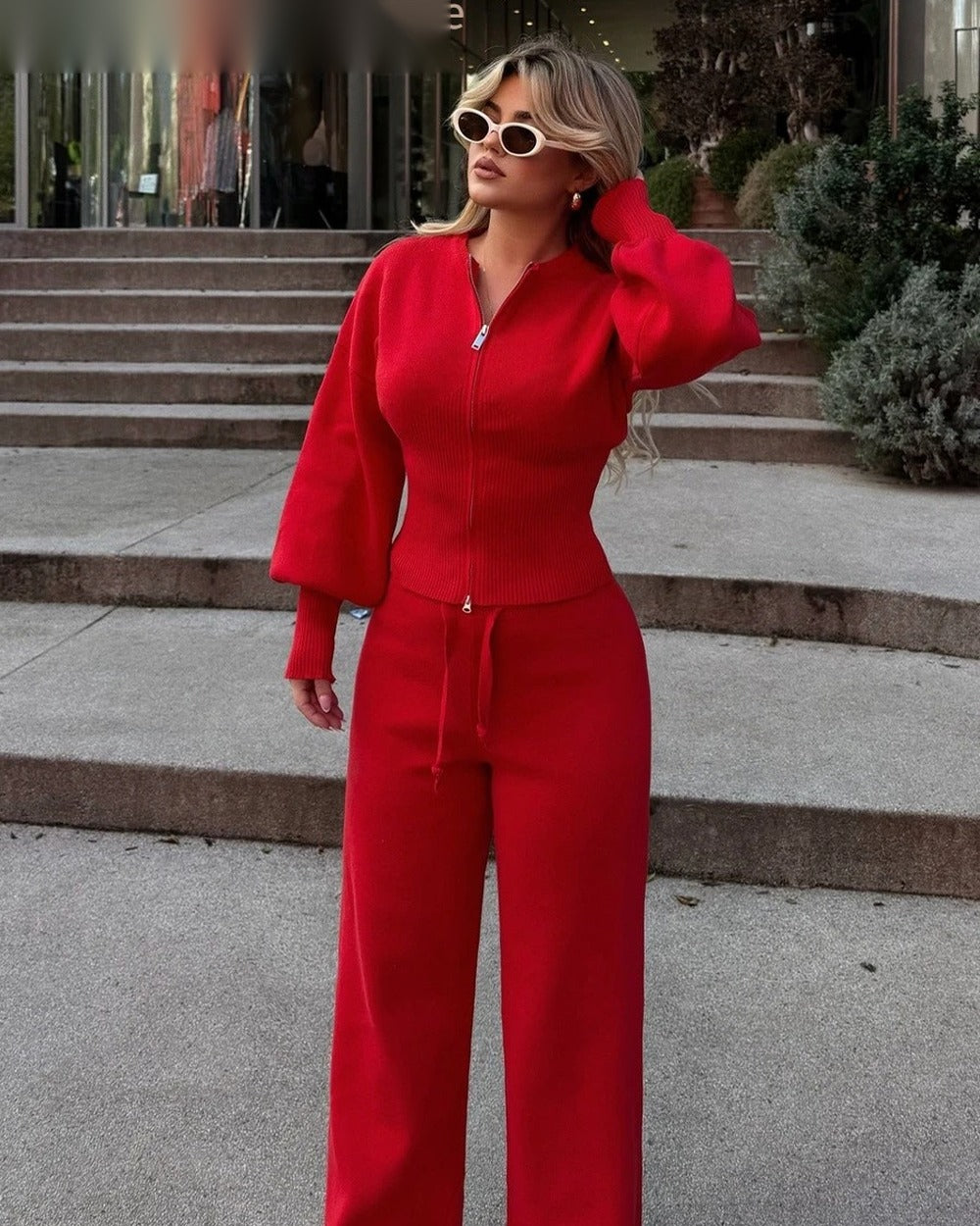 Long-Sleeve Top Wide-Leg Pants Two-Piece Set