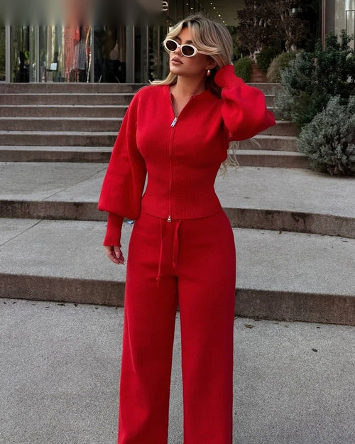 Long-Sleeve Top Wide-Leg Pants Two-Piece Set