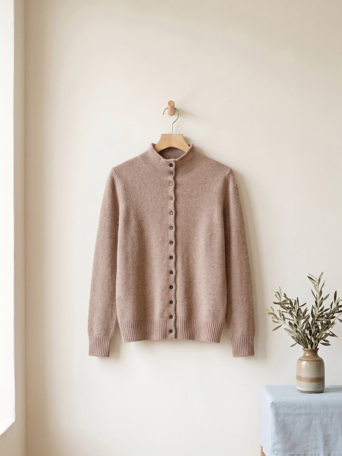 Stand-Collar Button Cardigan in Beige