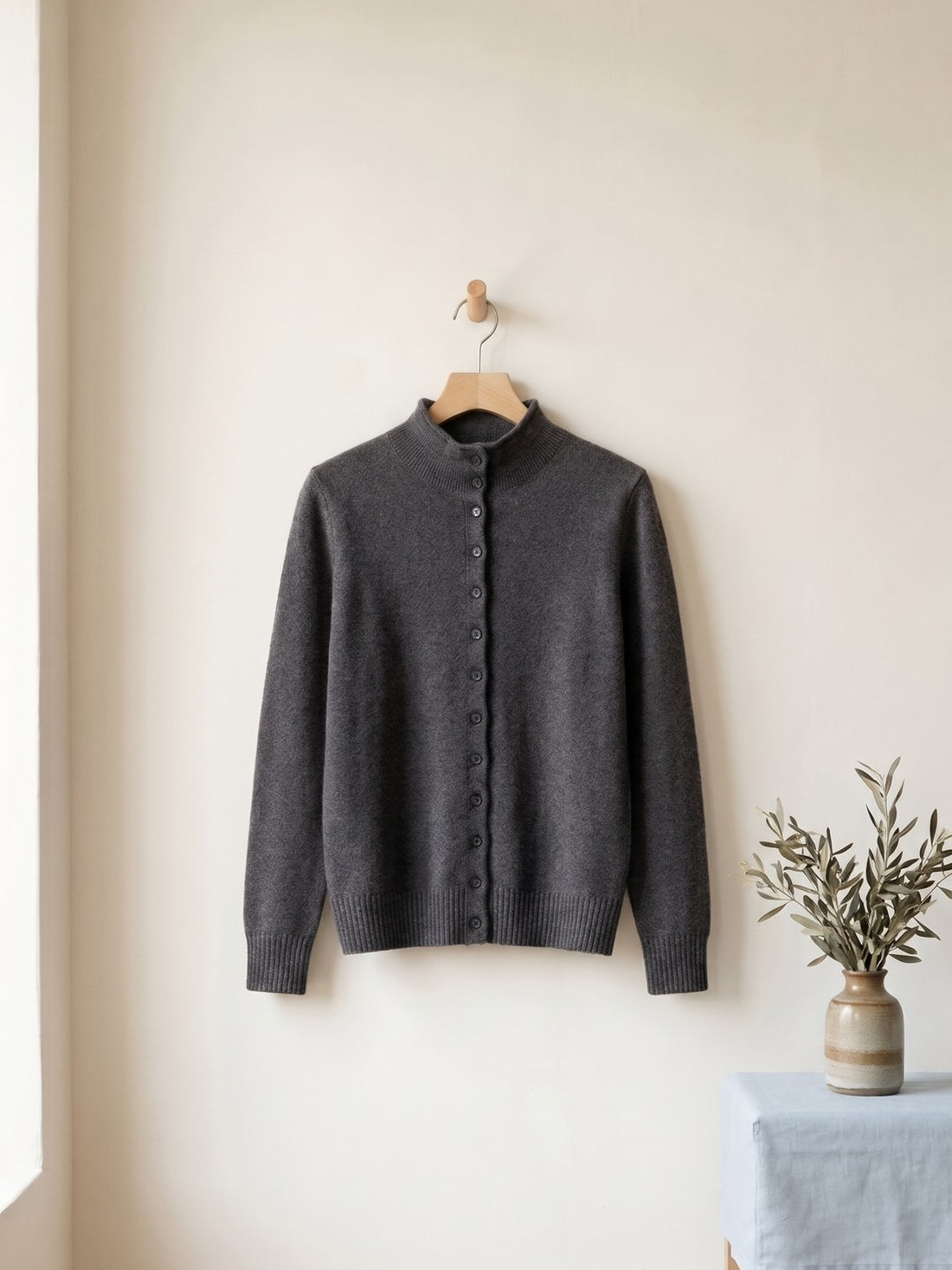 Stand-Collar Button Cardigan in Charcoal