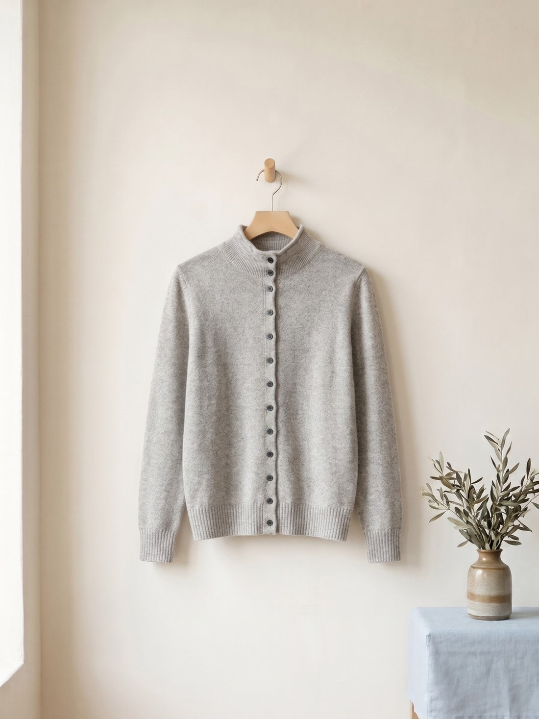 Stand-Collar Button Cardigan in Light Grey