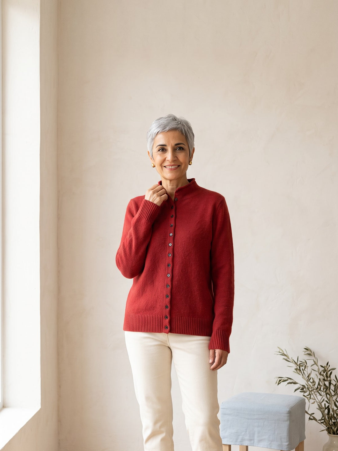 Woman wearing the Stand-Collar Button Cardigan