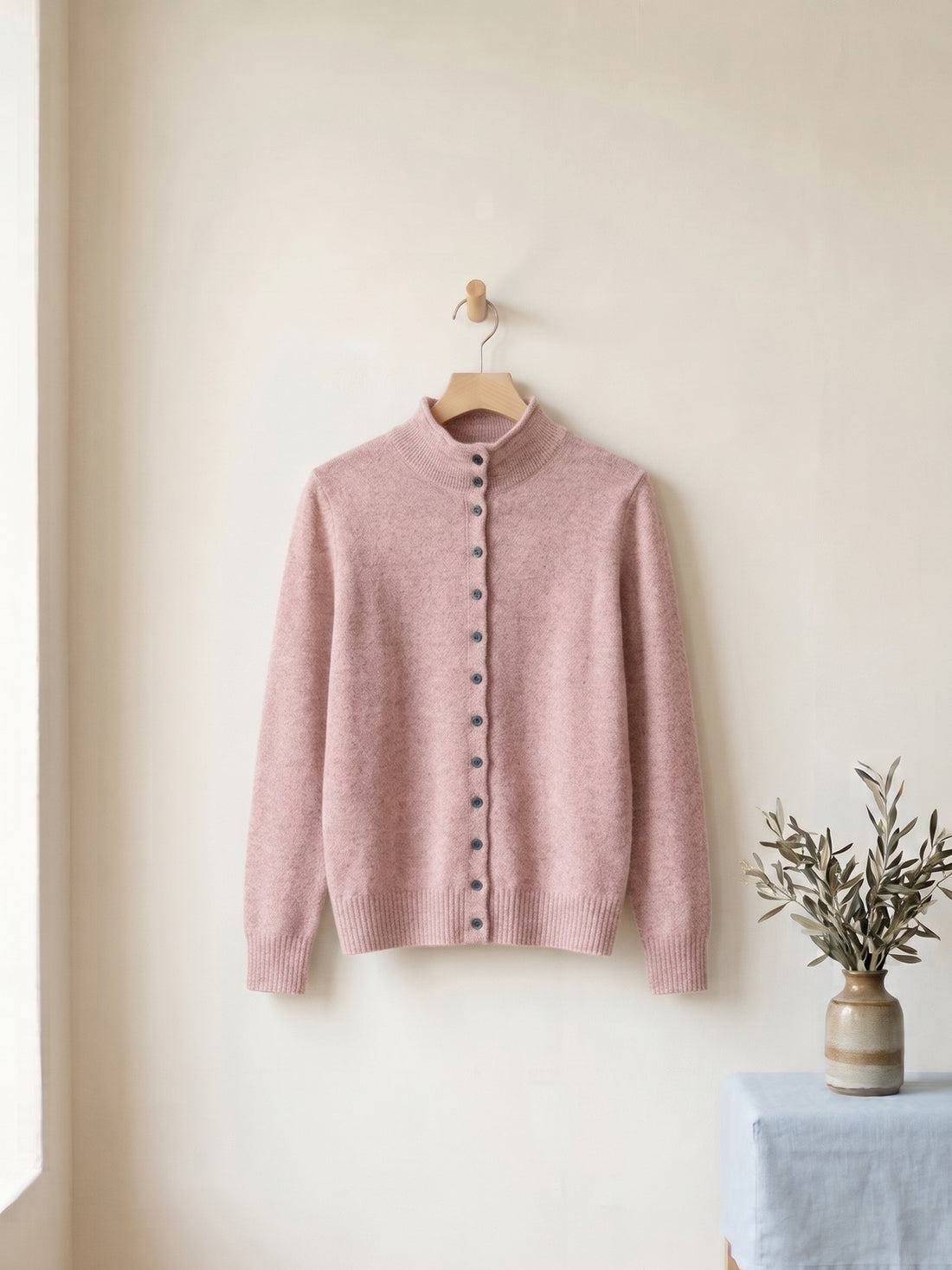 Stand-Collar Button Cardigan in Pink