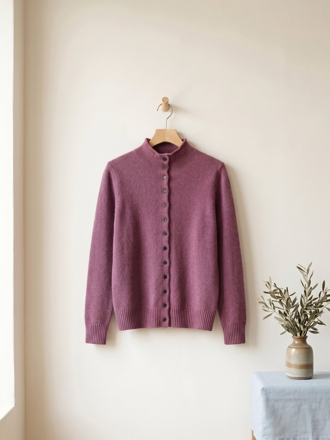 Stand-Collar Button Cardigan in Purple