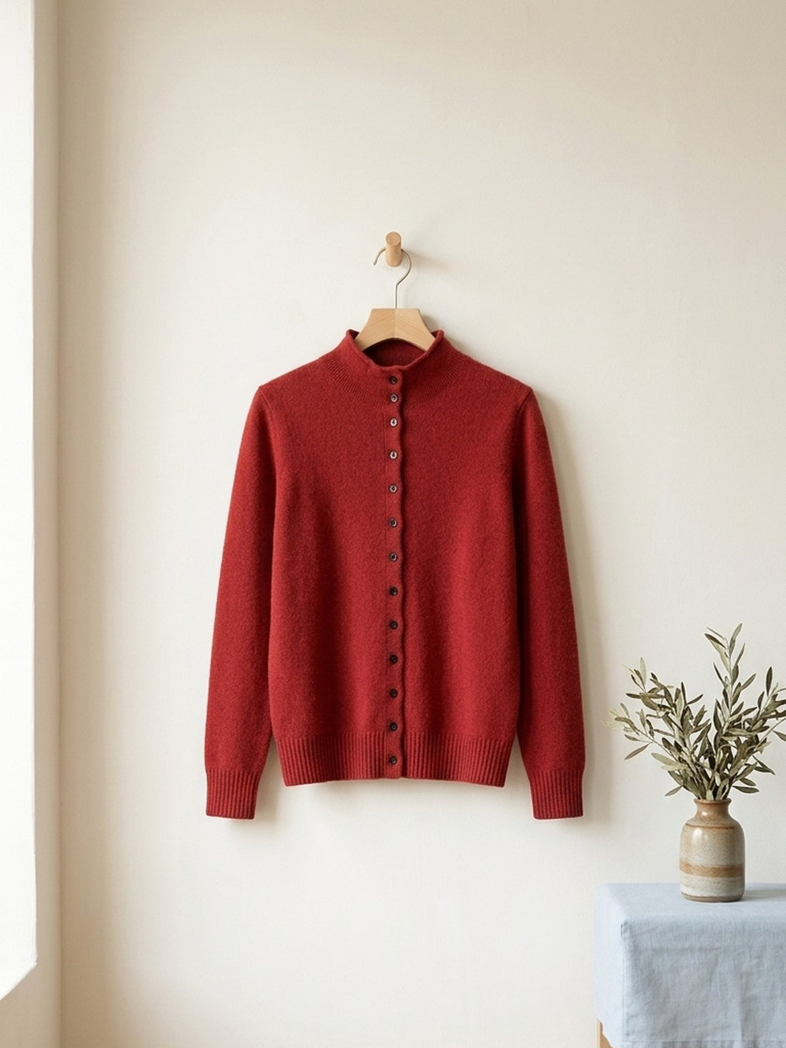 Stand-Collar Button Cardigan in Red